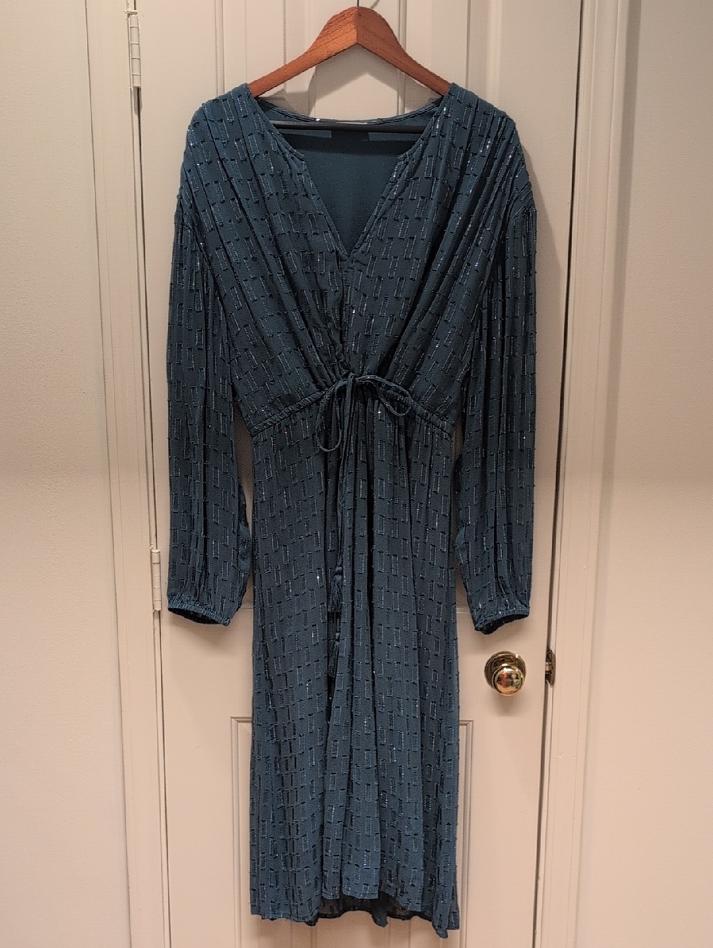 lovestitch Teal Long Sleeve Tie-Front Midi Dress Sz L
